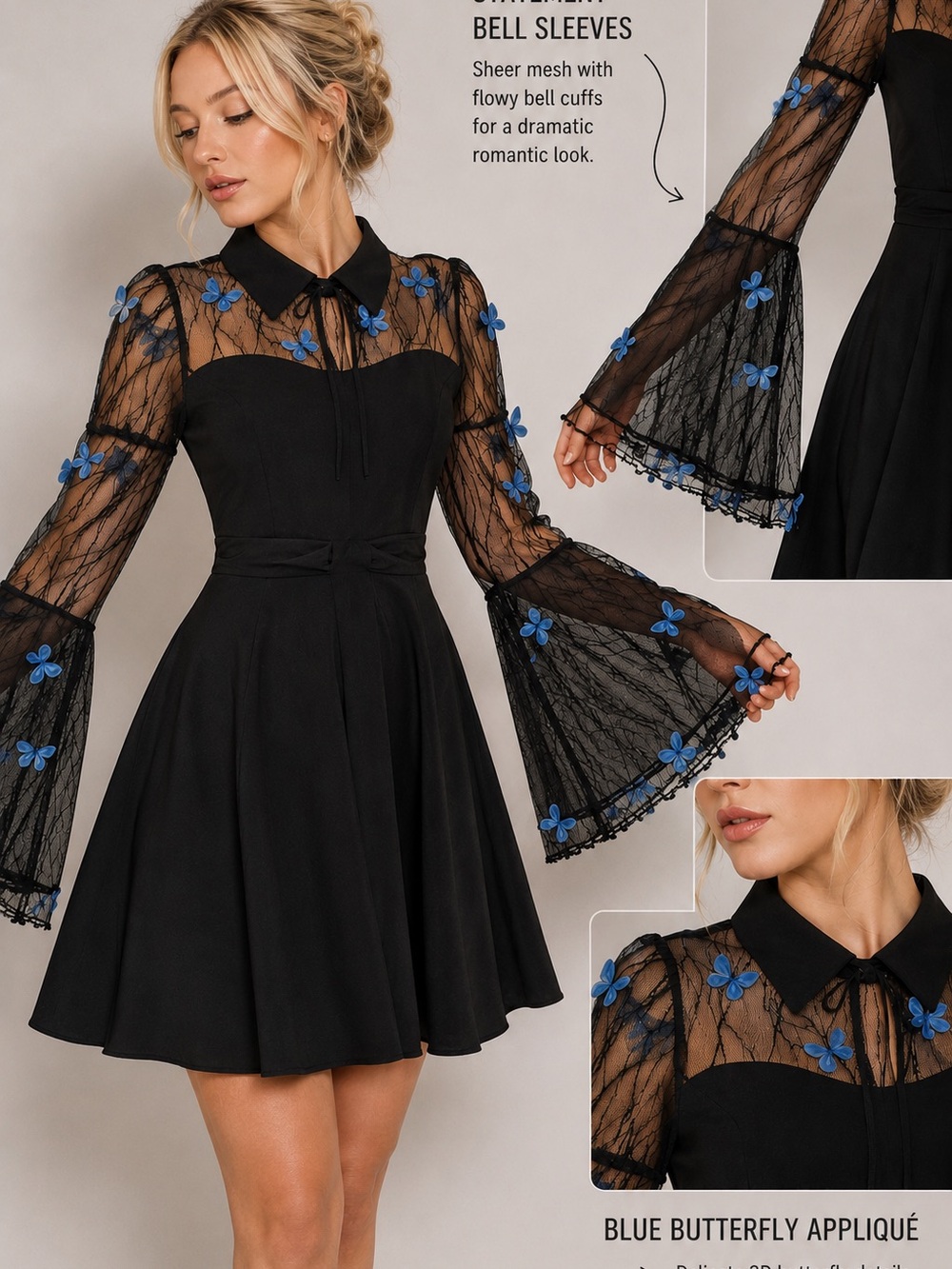 Butterfly Mesh Bell Sleeve Dress Fairycore Goth Coquette Small
